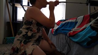 Trans Nymph in Romper Sundress Facefucked by Machine, Tongues Spunk