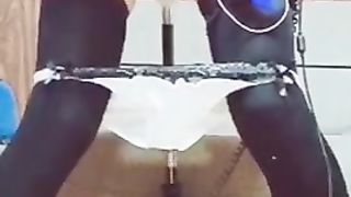 Sissy Dude is Draining FuckingMachine in Student Costume.