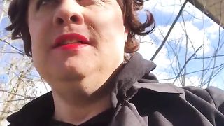 karenbabes uk tgirl hoists mini-skirt outdoors to display tights n wring her chisel