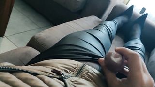 Jizzing in tights, stretch pants and high-heeled slippers