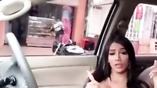 Super-Hot latina transgirl caught wanking off in van! Public cum-shot.