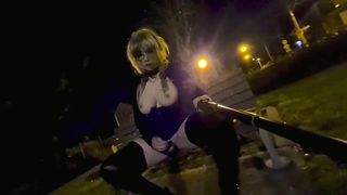 Doofy sissy superslut showcasing by engaged road (gets seen)