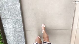 Jessica Ford in milky sandals and facemask