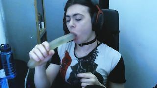 Deep Throating a 12 Inch Faux-Cock with choker