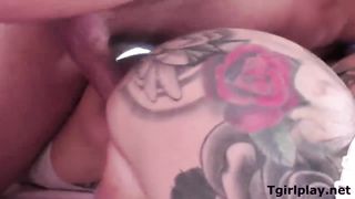 Inked towheaded transsexual Luna Enjoy milks shecock while assfucked