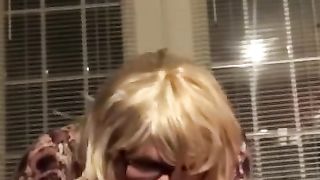 Crazy Trans Sissy Superslut Heads Outside In Underpants, Open Blinds Rails Faux-Cock four U