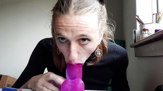 Crazy Trans Superslut Spits on a faux-cock and munches her jism