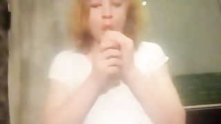 Sissy swallows pee and dildoing