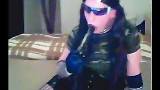 Ditzy Sissy is attempting to deep-throat on web cam