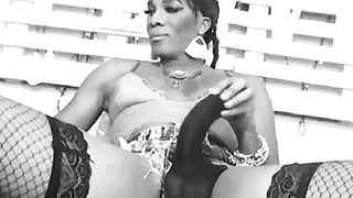 Intensity Top Trans plays with her BIG BLACK COCK thru erection thong