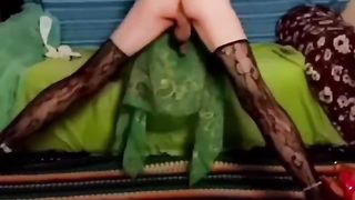 Green observe through mini-skirt jizm