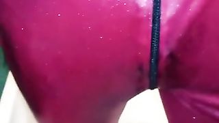 sammiecrossed piss in crimson catsuit