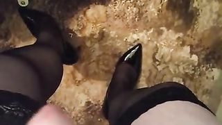 Charlotte in cock-squeezing miniskirt and high-heeled slippers