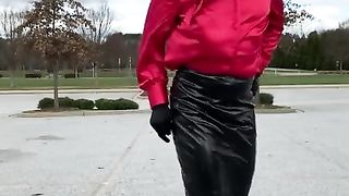 Satin Crossdresser walk outside - harness