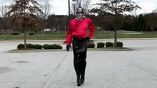 Satin Crossdresser walk outside - harness