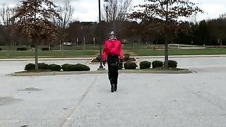 Satin Crossdresser walk outside - harness