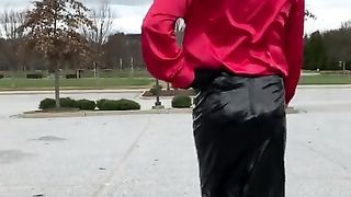Satin Crossdresser walk outside - harness