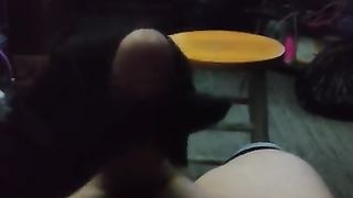 Trans nymph shoots a load dressed in mittens