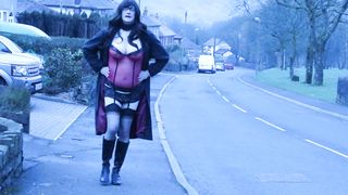 crossdresser outdoors on a residential street