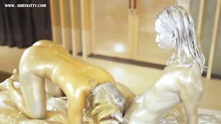 AB045 Gold and platinum powder trans girl-on-girl wanking and burst