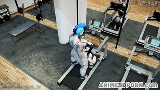 2 t-girls pound black-haired in a gym 3 way