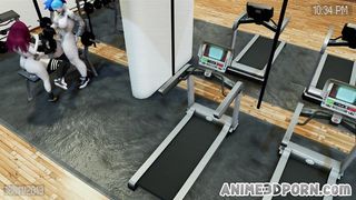 2 t-girls pound black-haired in a gym 3 way