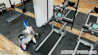 2 t-girls pound black-haired in a gym 3 way