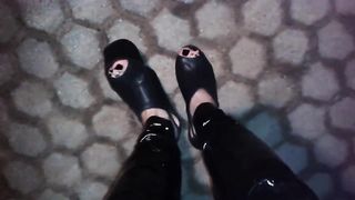 high platform sticks and spandex stretch pants