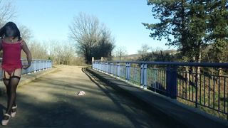 Sissy showcases on highway bridge