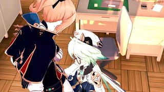 Futa Jean pummels Sucrose on a table and ejaculates on her abdomen.