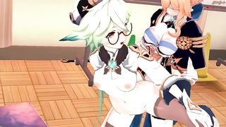 Futa Jean pummels Sucrose on a table and ejaculates on her abdomen.