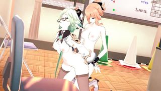 Futa Jean pummels Sucrose on a table and ejaculates on her abdomen.