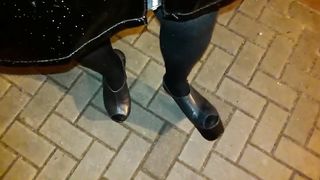 spandex micro-skirt and platform sticks - public walk