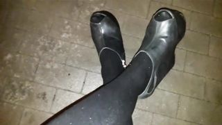 spandex micro-skirt and platform sticks - public walk