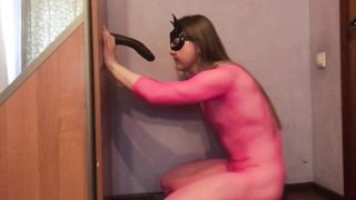 Sissy gets too sexually aroused from deep-throating a faux-cock