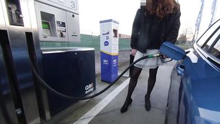 Getting gas crossdressed in white miniskirt