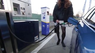 Getting gas crossdressed in white miniskirt