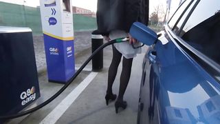 Getting gas crossdressed in white miniskirt
