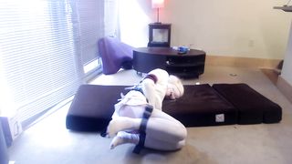 Encaged & Plugged Sissy in Selfbondage Straight-Jacket and a Harley Quinn Peruke