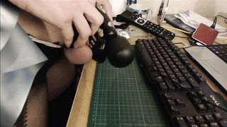 SPANDEX V-CARD SISSY WHORE SHOOTS A LOAD STIFF WHILE ENCAGED - DEMOLISHED CLIMAX