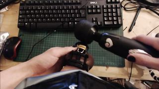 SPANDEX V-CARD SISSY WHORE SHOOTS A LOAD STIFF WHILE ENCAGED - DEMOLISHED CLIMAX