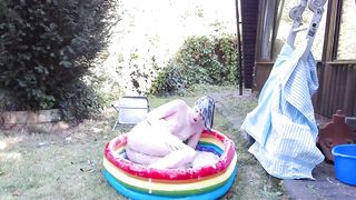 Outdoor sissy WAM adorned in lubricious white gunge faux mass ejaculation