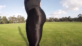 Public Mega-Bitch Uncovered In Garter Belt & Opaque Sheer Stretch Pants