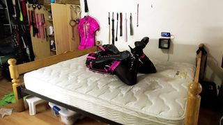 Sissy Maid in Self Restrain Bondage Armbinder Frog-Tie