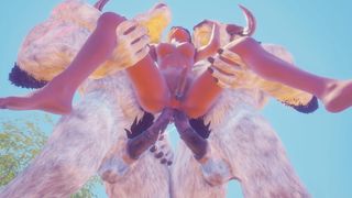 two Фурри энергичный двойной анал для Futa Оливии и сперма на живот