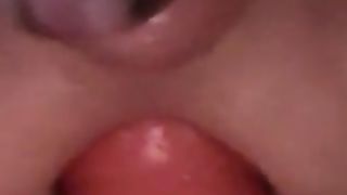 Christina takeing a good-sized monstrous crimson ass-plug with electro chasity