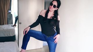 pretty chinese she-male denim striptease with talented XXL jugs