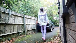 kelly cd naughty driveway fap in white tee-shirt sundress stocking