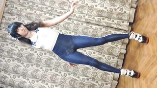 Cool sissy Ponyboy in his fitness body-suit and high stilettos