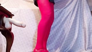 Poking my favourite faux-cock crossdressed in crimson nylon leotard